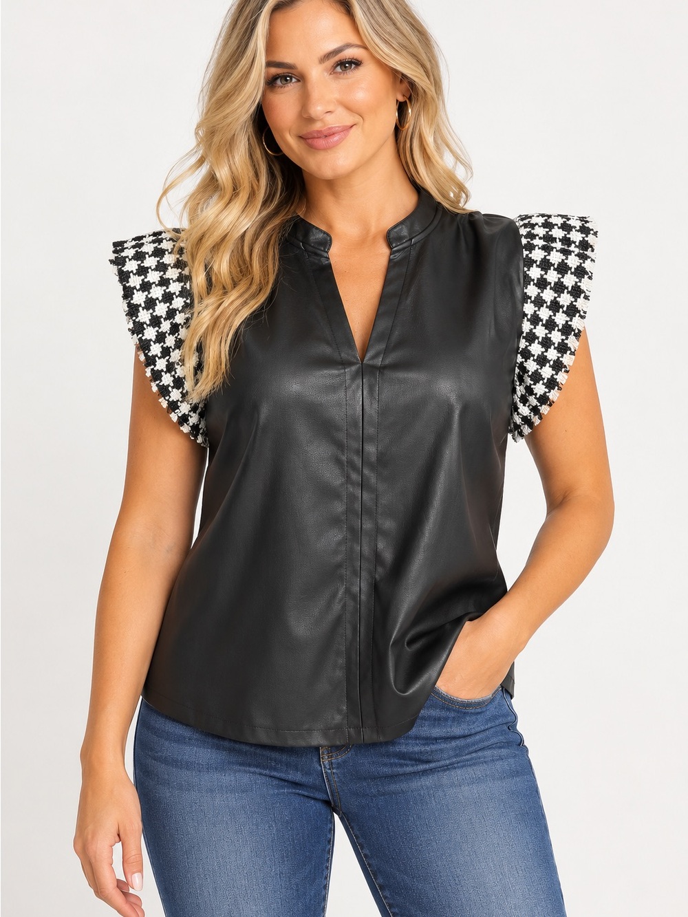 THML Black Faux-Leather Top with Houndstooth Sleeve Accents